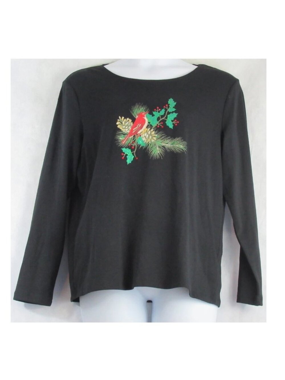 Holiday Lane Women's Long-Sleeve T-Shirt, Black Cardinal Holly Branch, XL